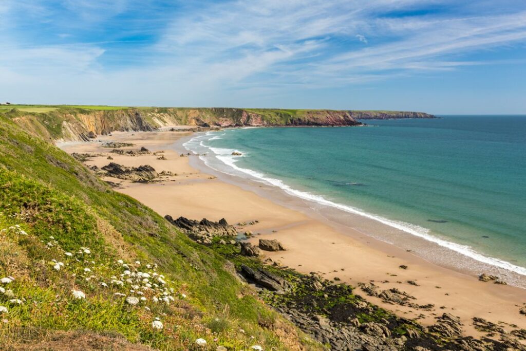 A view of Marloes beach from the Coast Path on a fine summer's day
