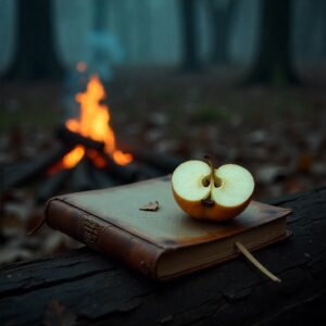 An image of a sliced apple on a book with a camp fire in the background