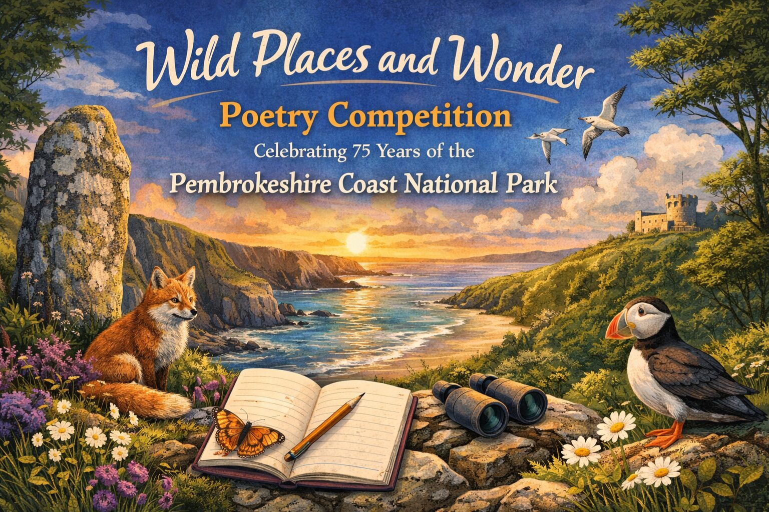An illustration of the Pembrokeshire coastline and its wildlife, with an open notebook and pen.