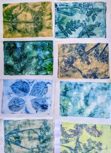 Eight botanical prints featuring detailed impressions of leaves and stems in various shades of green, blue, and yellow.