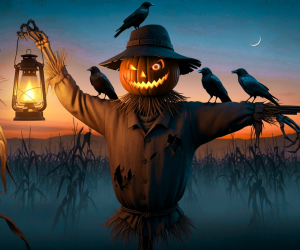 A grinning pumpkin faced scarecrow with glowing eyes stands in a cornfield at dusk, holding a lit lantern and adorned with several black crows.