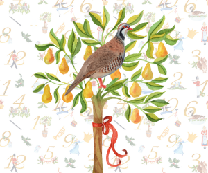 A partridge sits on a pear tree, adorned with a red ribbon, against a backdrop of Christmas-themed numbers and illustrations.