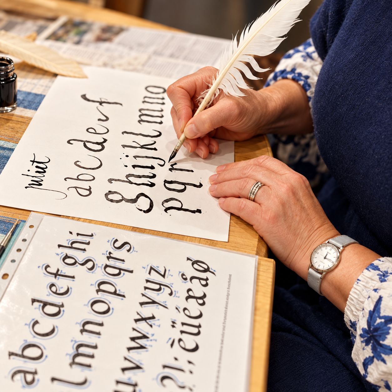 A close up of a pair of hands forming calligraphy letters with a feather quill.